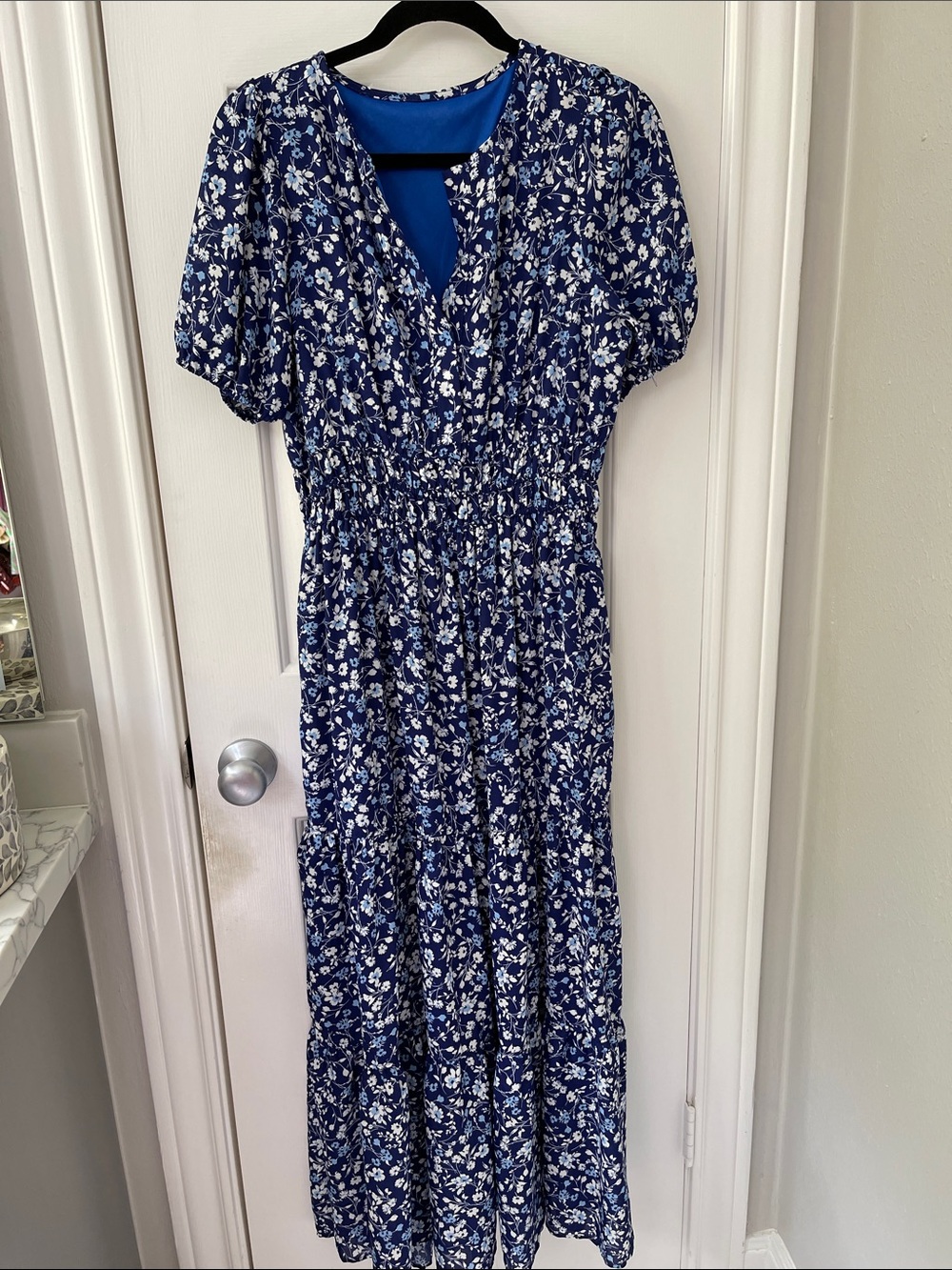 New Women's Blue Floral Midi Dress - Elastic Waist